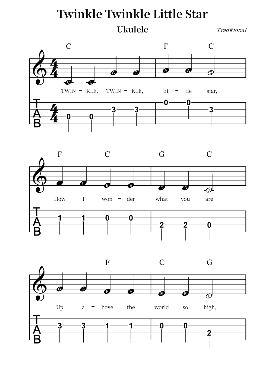 Twinkle Twinkle Little Star – Easy Ukulele Sheet Music (Beginner Level) Ukulele scores gallery preview page 1
