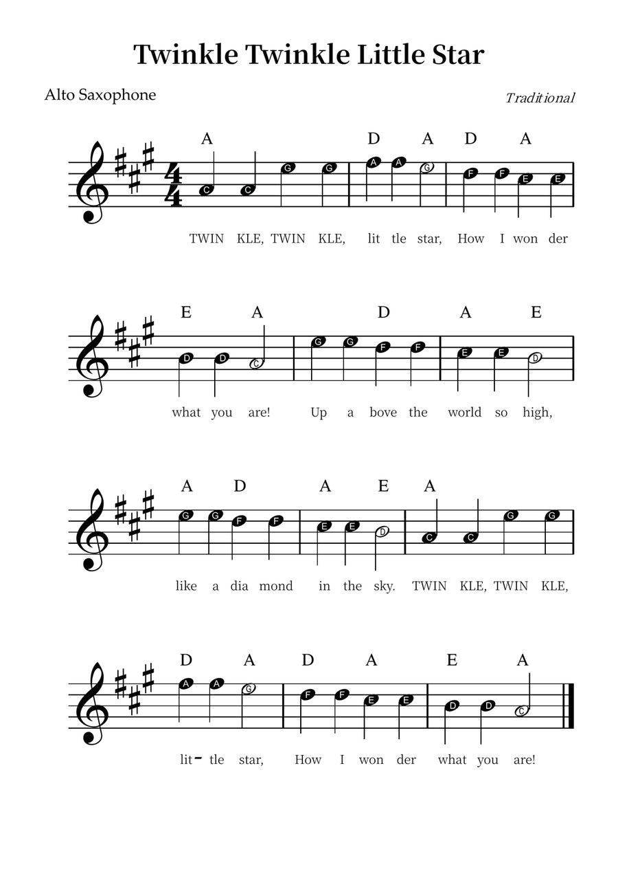 Twinkle Twinkle Little Star – Easy Alto Sax Sheet Music (Beginner Level) Alto Saxophone scores gallery preview page 1