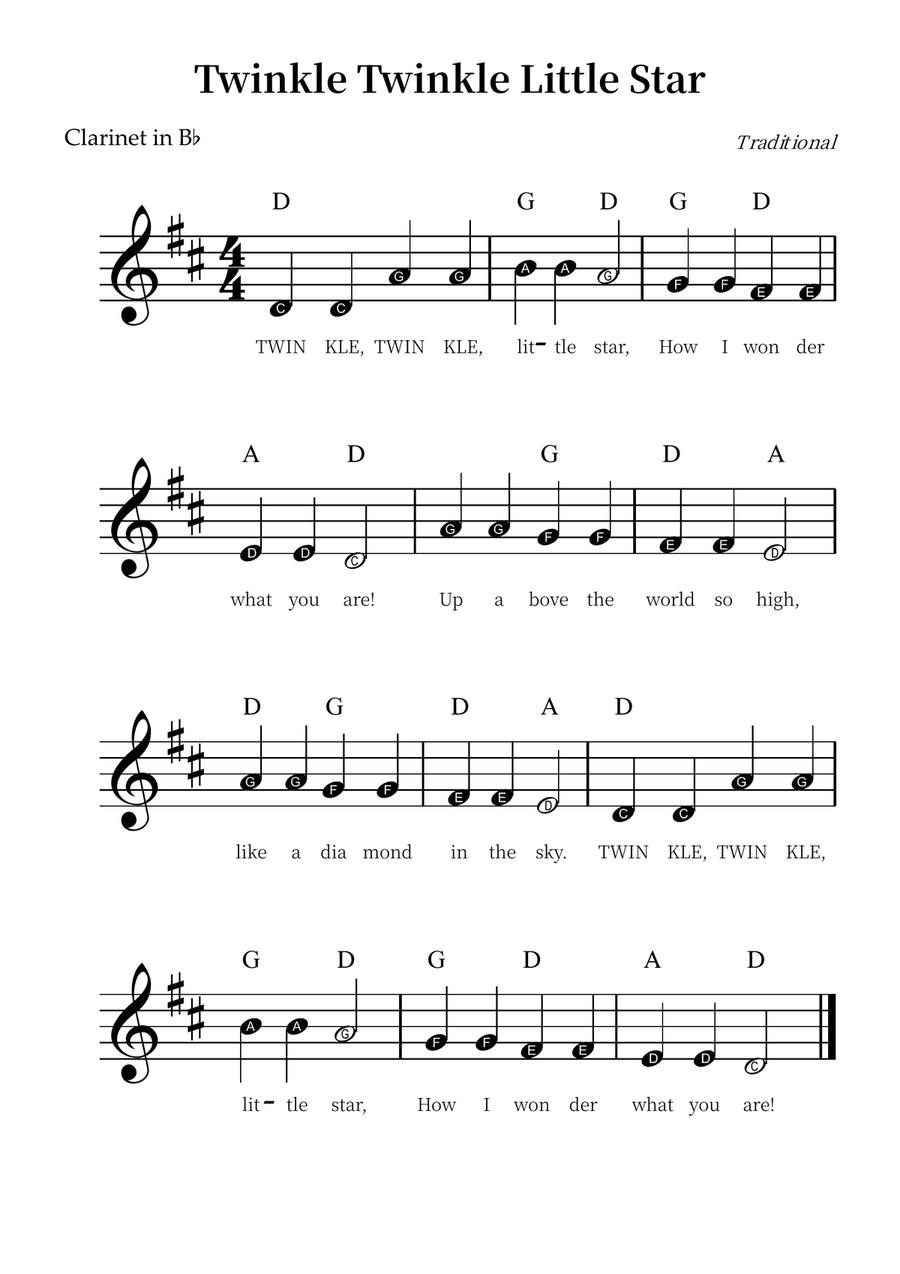 Twinkle Twinkle Little Star – Easy Clarinet Sheet Music (Beginner Level) B-Flat Clarinet scores gallery preview page 1