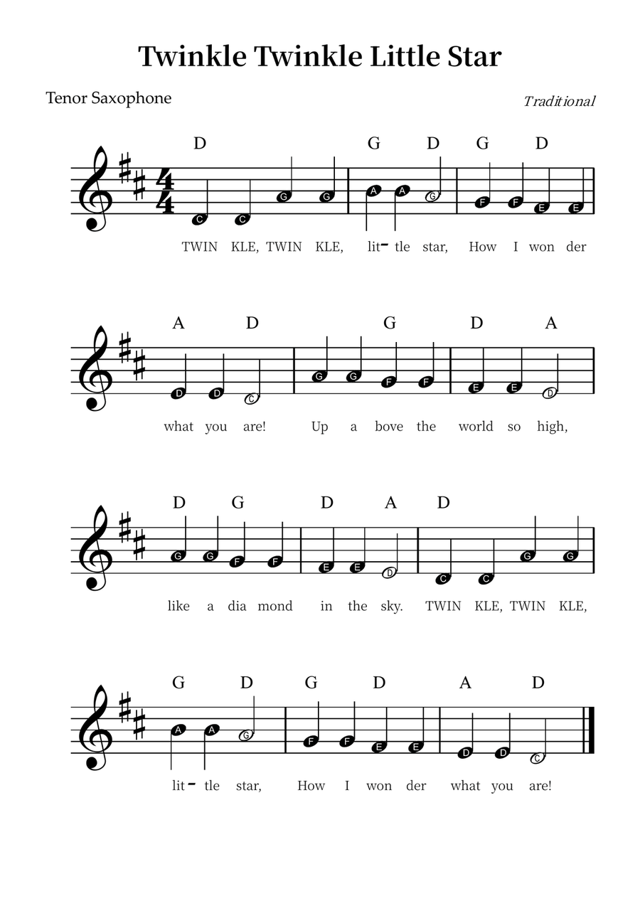 Twinkle Twinkle Little Star – Easy Tenor Sax Sheet Music (Beginner Level) Tenor Saxophone scores gallery preview page 1