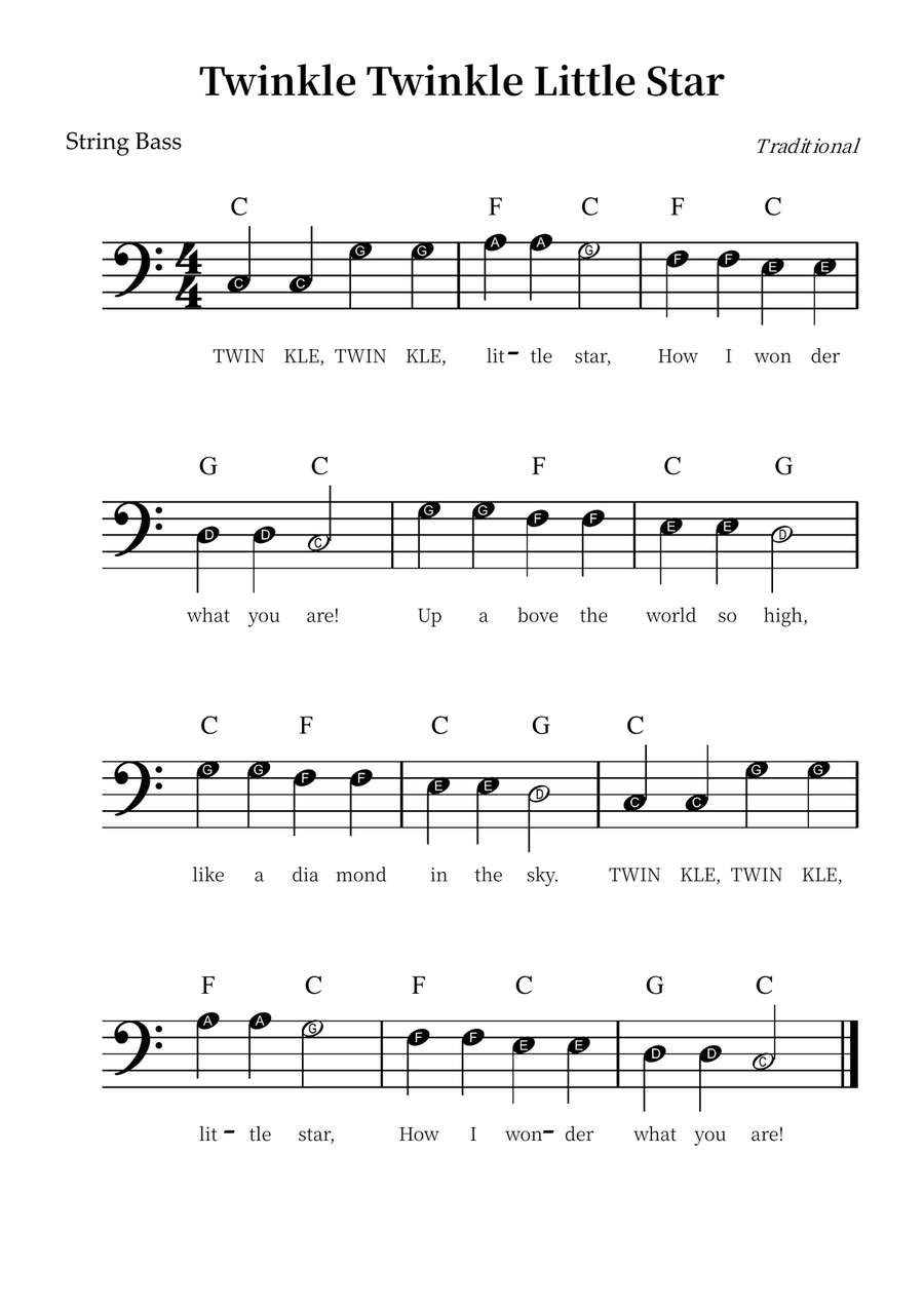 Twinkle Twinkle Little Star – Easy String Bass Sheet Music (Beginner Level) Double Bass scores gallery preview page 1