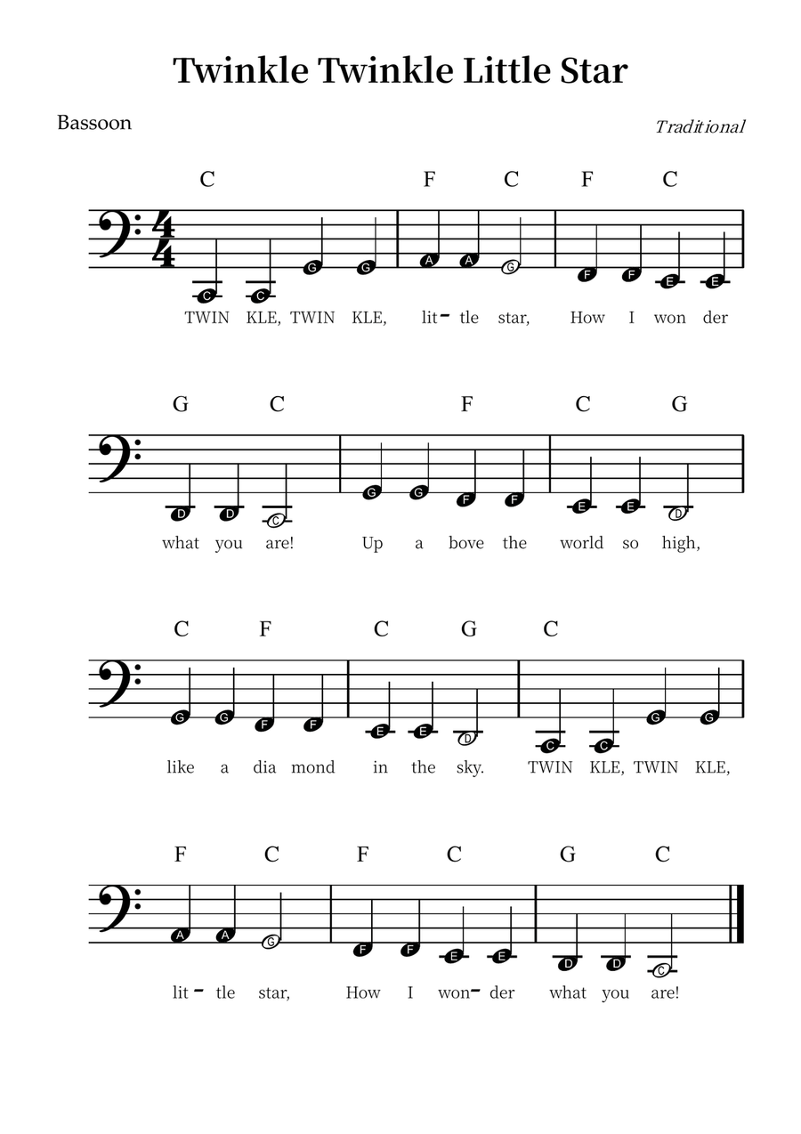 Twinkle Twinkle Little Star – Easy Bassoon Sheet Music (Beginner Level) Bassoon Solo scores gallery preview page 1