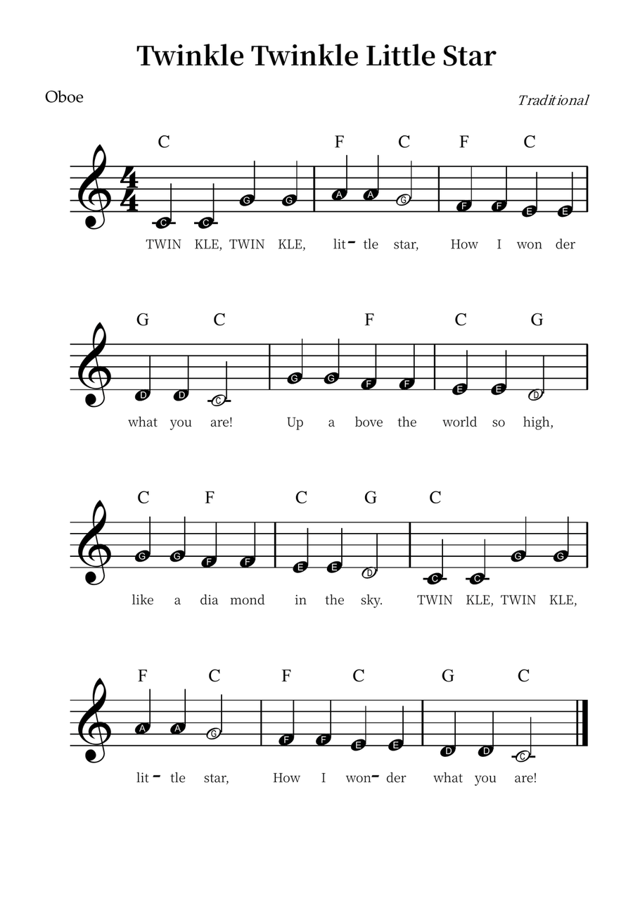 Twinkle Twinkle Little Star – Easy Oboe Sheet Music (Beginner Level) Oboe Solo scores gallery preview page 1