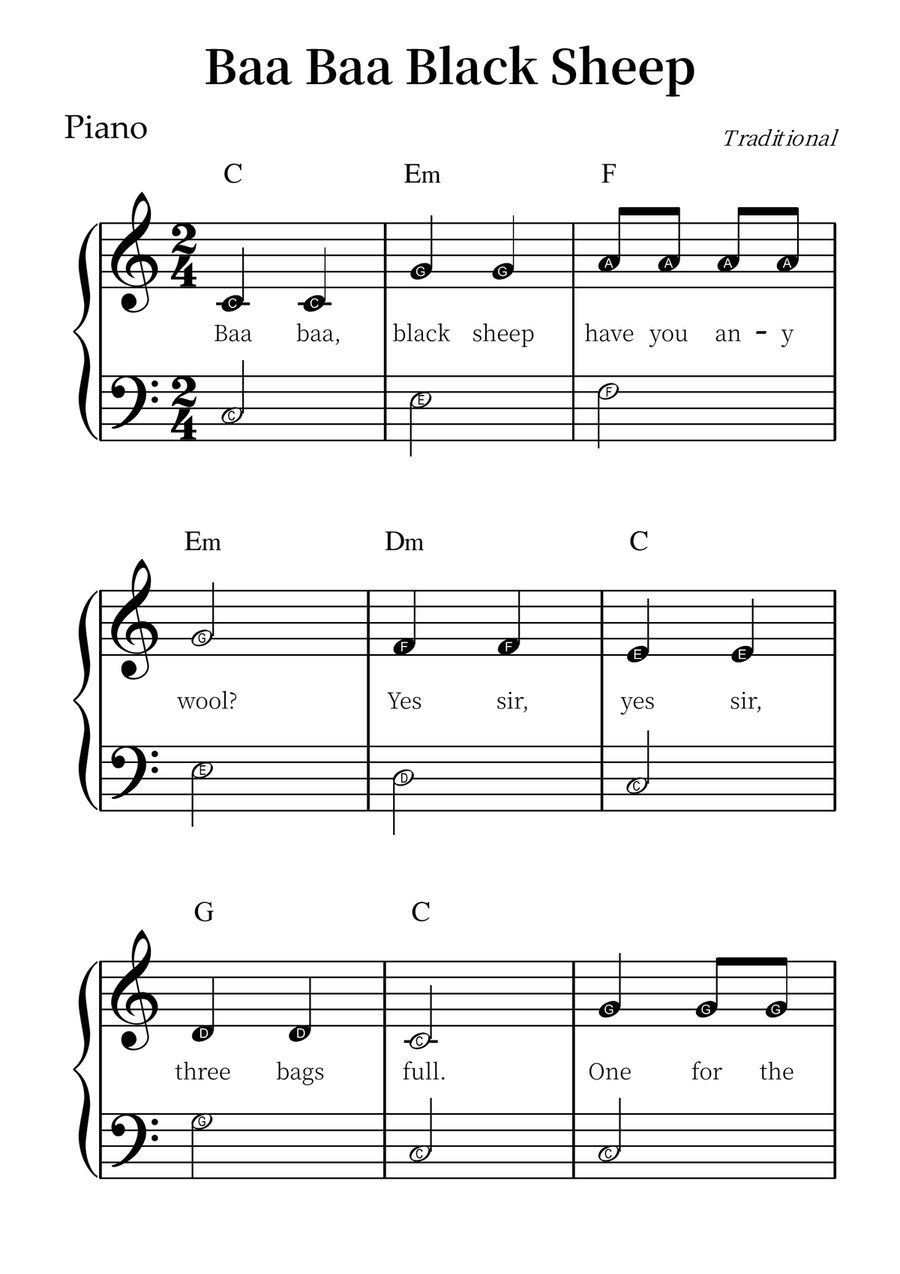 Baa Baa Black Sheep – Easy Piano Sheet Music (Beginner Level) Easy Piano scores gallery preview page 1
