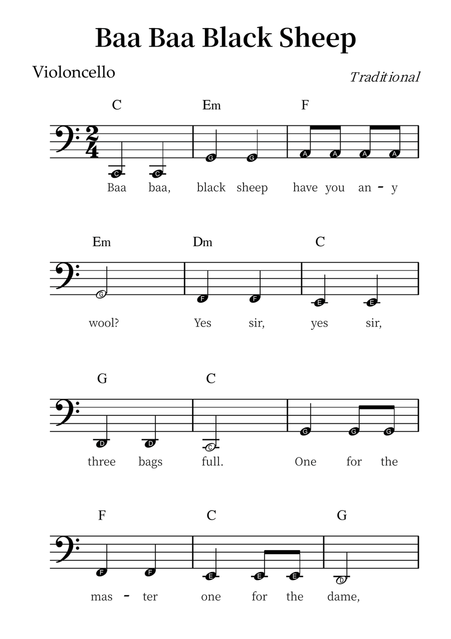 Baa Baa Black Sheep – Easy Cello Sheet Music (Beginner Level) Cello Solo scores gallery preview page 1