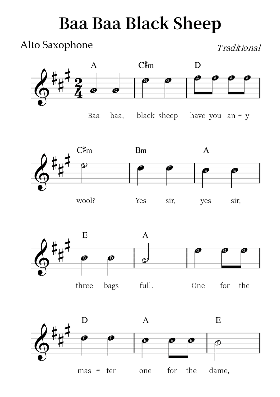 Baa Baa Black Sheep – Easy Alto Sax Sheet Music (Beginner Level) Alto Saxophone scores gallery preview page 1