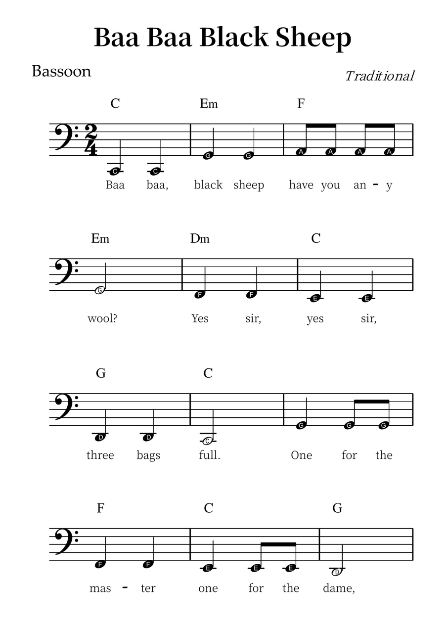 Baa Baa Black Sheep – Easy Bassoon Sheet Music (Beginner Level) Bassoon Solo scores gallery preview page 1