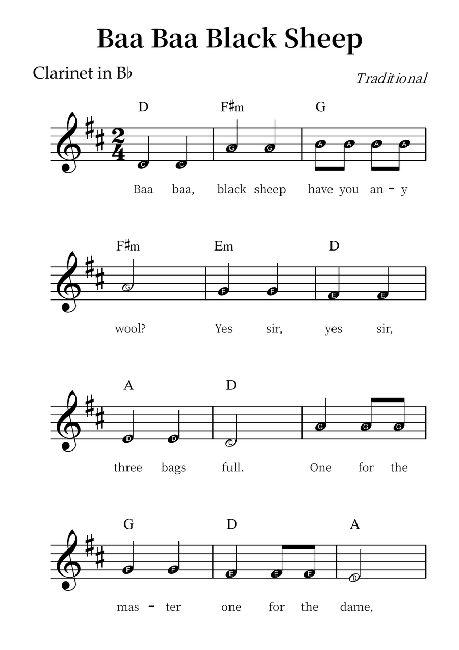 Baa Baa Black Sheep – Easy Clarinet Sheet Music (Beginner Level) B-Flat Clarinet scores gallery preview page 1