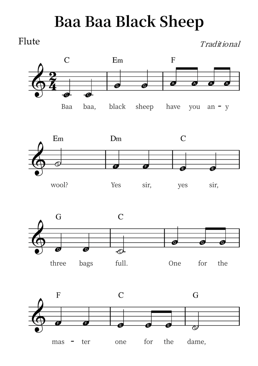 Baa Baa Black Sheep – Easy Flute Sheet Music (Beginner Level) Flute Solo scores gallery preview page 1