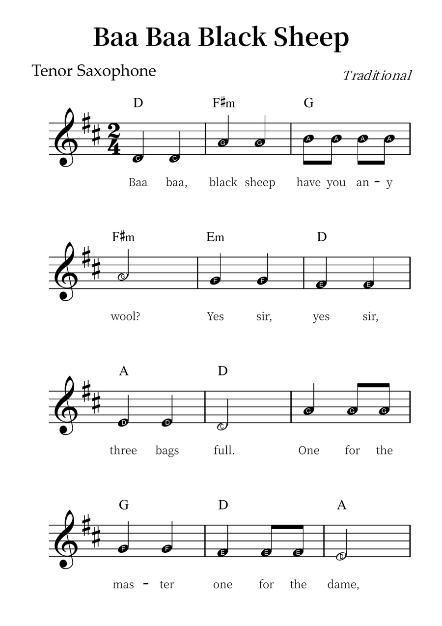 Baa Baa Black Sheep – Easy Tenor Sax Sheet Music (Beginner Level) Tenor Saxophone scores gallery preview page 1