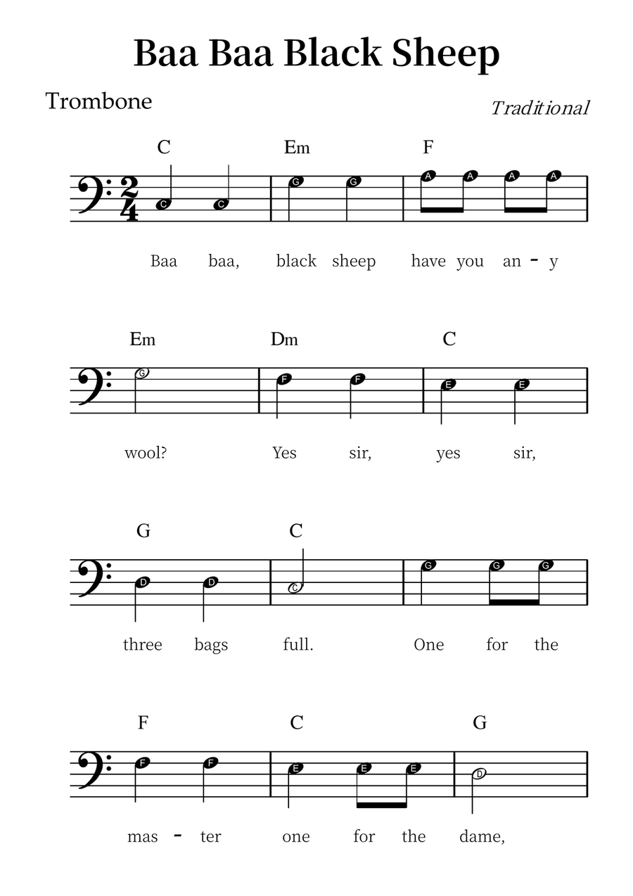 Baa Baa Black Sheep – Easy Trombone Sheet Music (Beginner Level) Trombone Solo scores gallery preview page 1