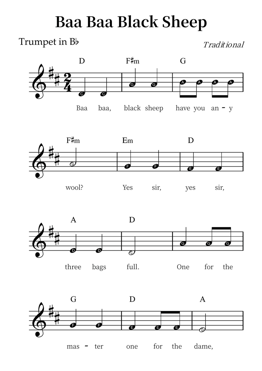 Baa Baa Black Sheep – Easy Trumpet Sheet Music (Beginner Level) B-Flat Trumpet scores gallery preview page 1