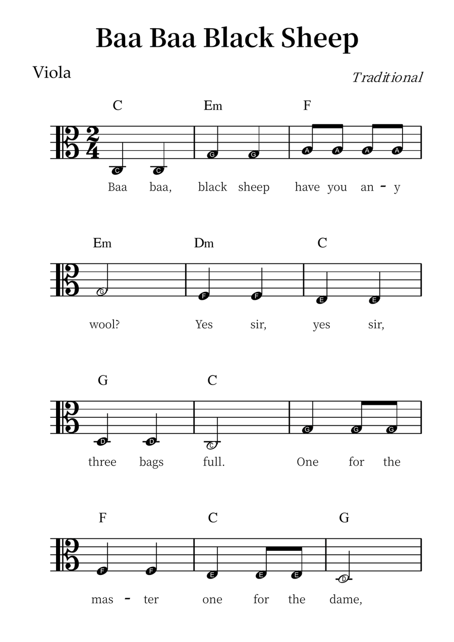 Baa Baa Black Sheep – Easy Viola Sheet Music (Beginner Level) Viola Solo scores gallery preview page 1