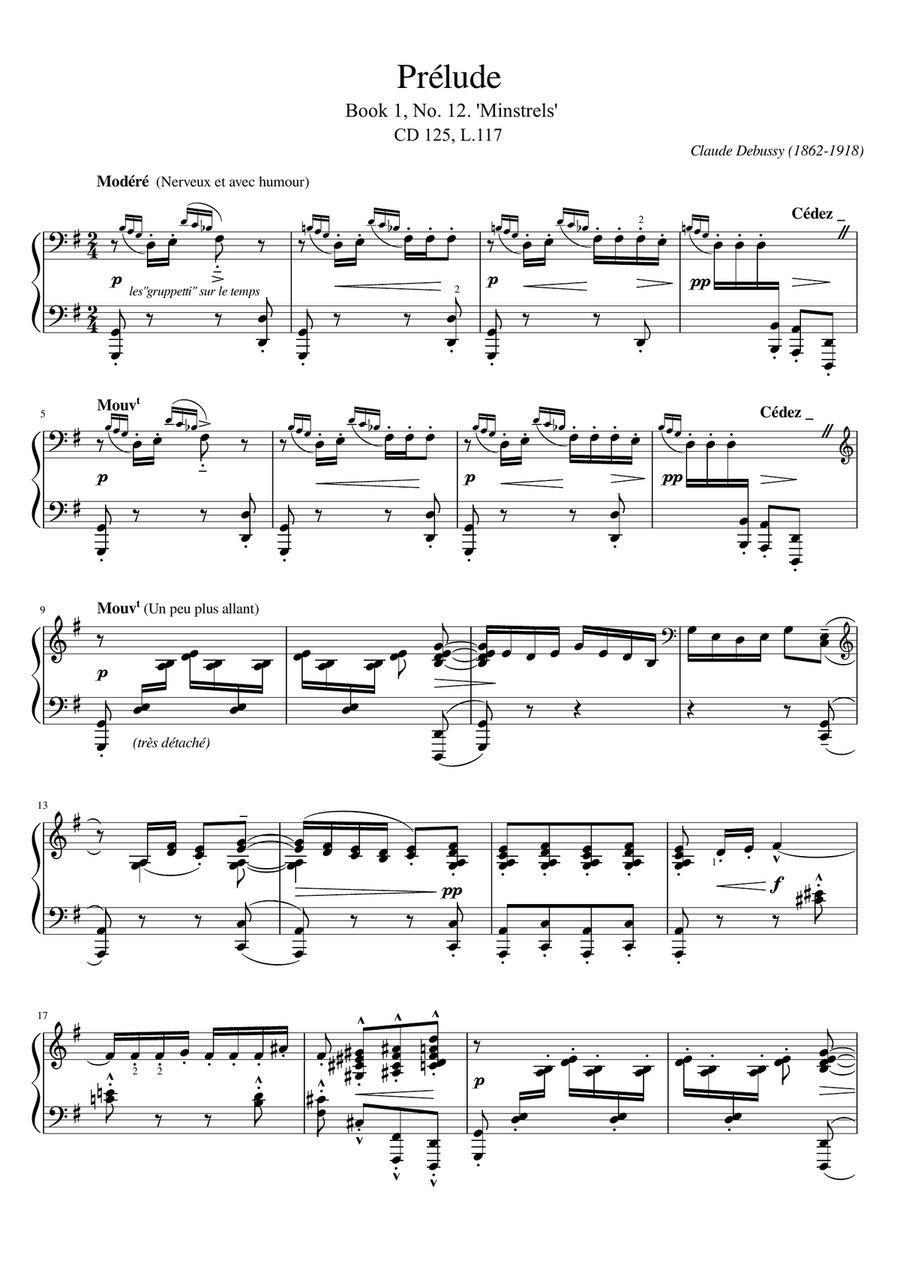 Claude Debussy - Préludes, Livre 1 L.117 No.12 Minstrels . Modéré - for Piano Solo Original Piano Solo scores gallery preview page 1