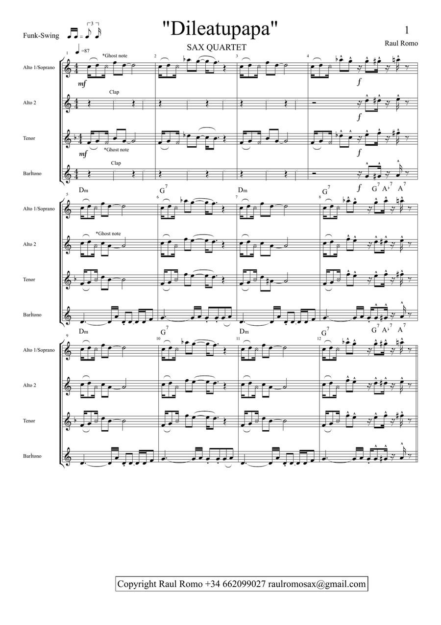 Dileatupapa - FUNKY BLUES Saxophone Quartet Saxophone Quartet scores gallery preview page 1