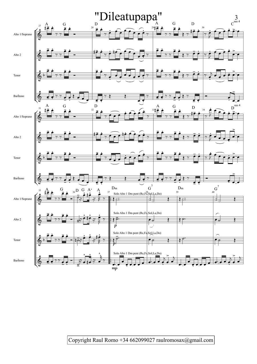 Dileatupapa - FUNKY BLUES Saxophone Quartet Saxophone Quartet scores gallery preview page 3