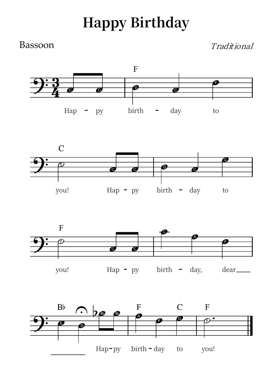 Happy Birthday – Easy Bassoon Sheet Music (Beginner Level) Bassoon Solo scores gallery preview page 1
