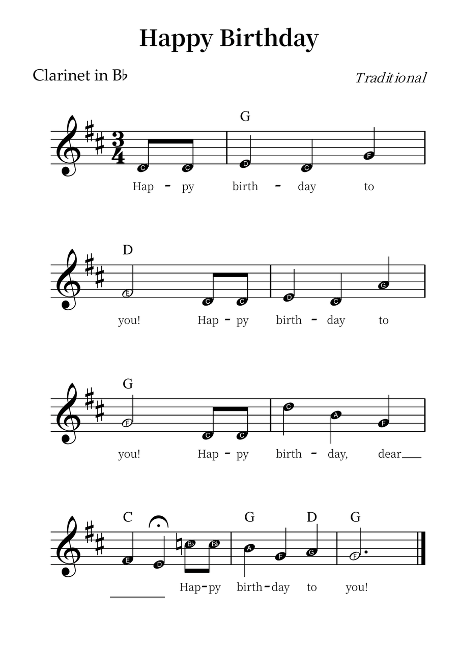 Happy Birthday – Easy Clarinet Sheet Music (Beginner Level) B-Flat Clarinet scores gallery preview page 1