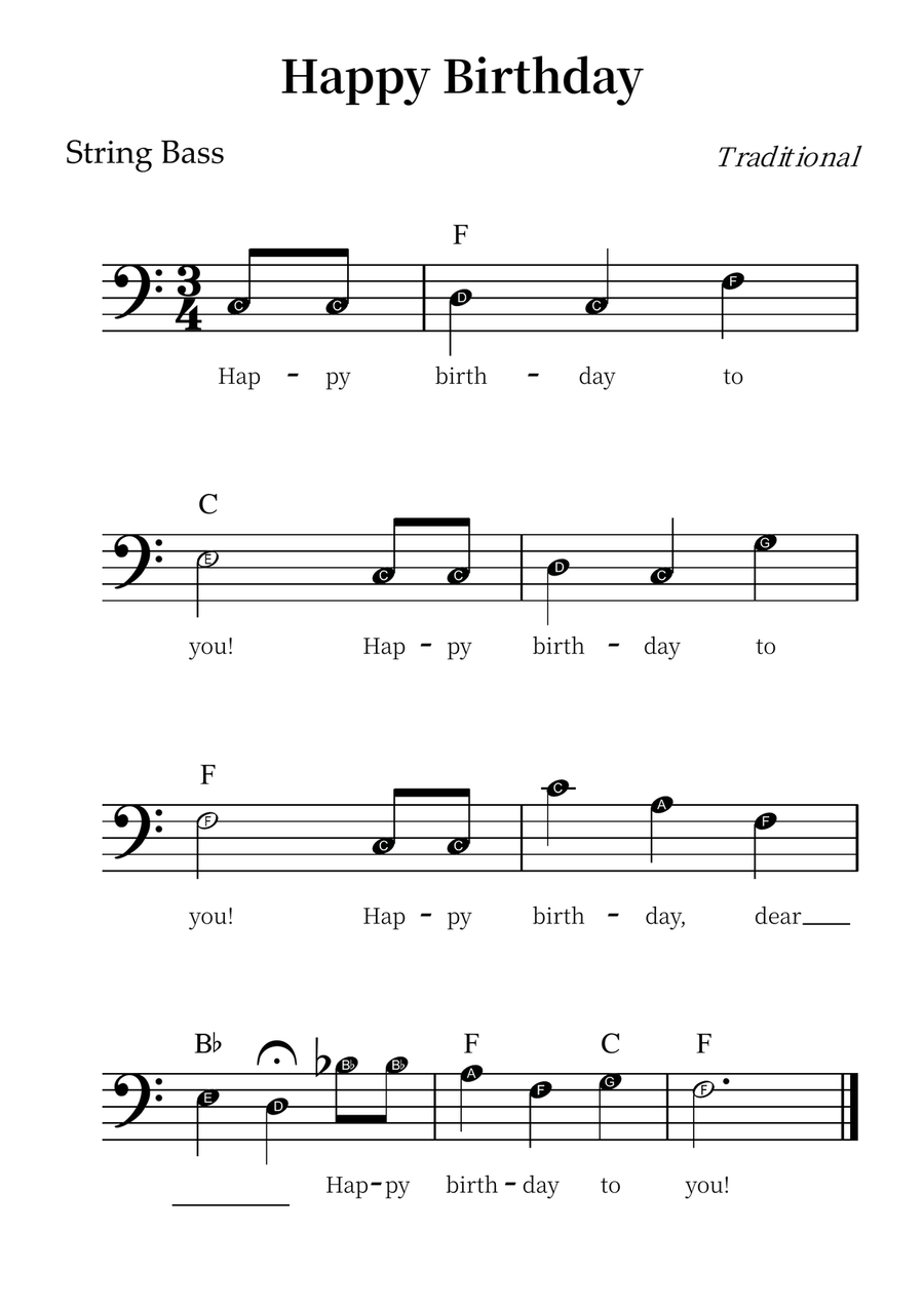 Happy Birthday – Easy String Bass Sheet Music (Beginner Level) Double Bass scores gallery preview page 1