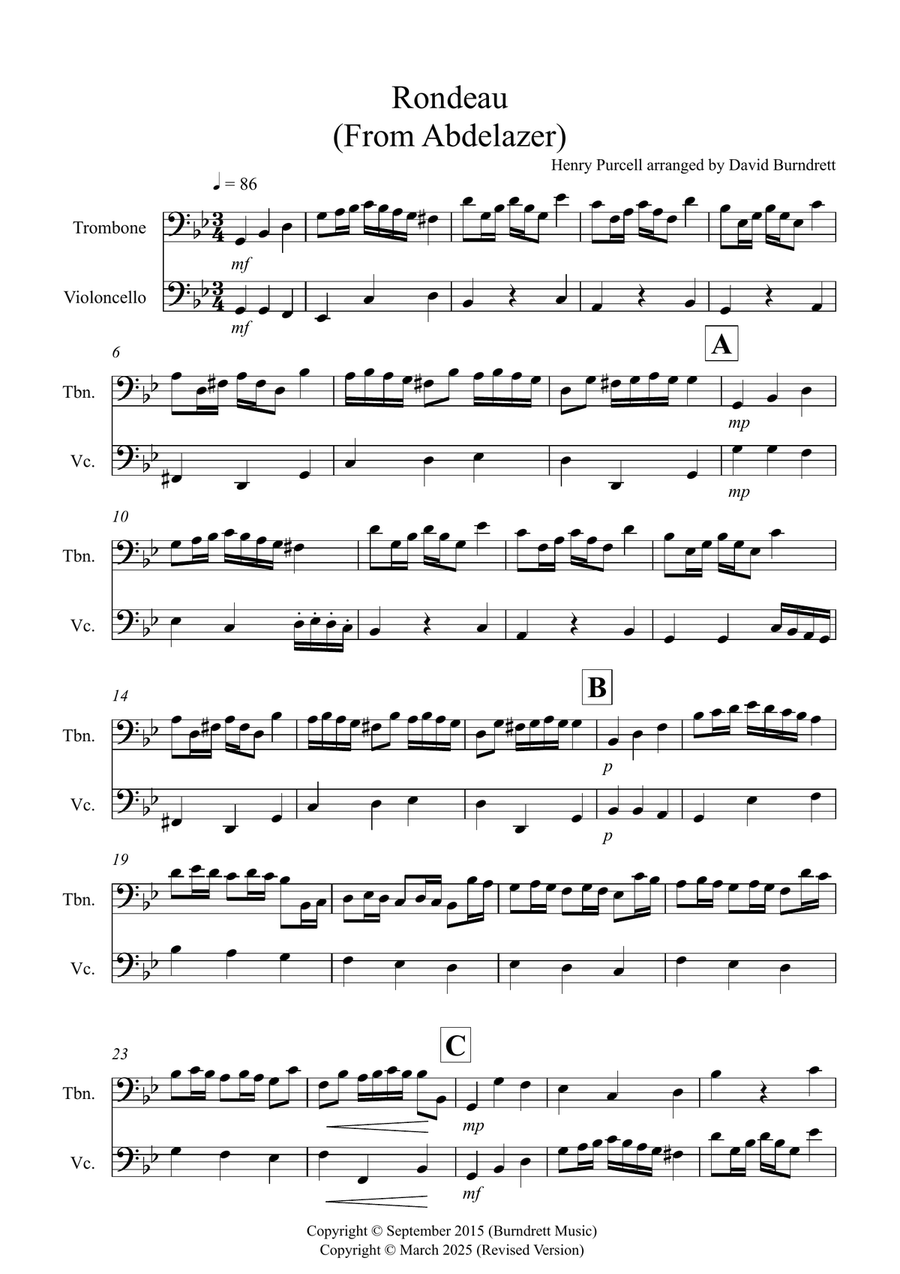 Rondeau (from Abdelazer) for Trombone and Cello Duet Trombone Duet scores gallery preview page 1