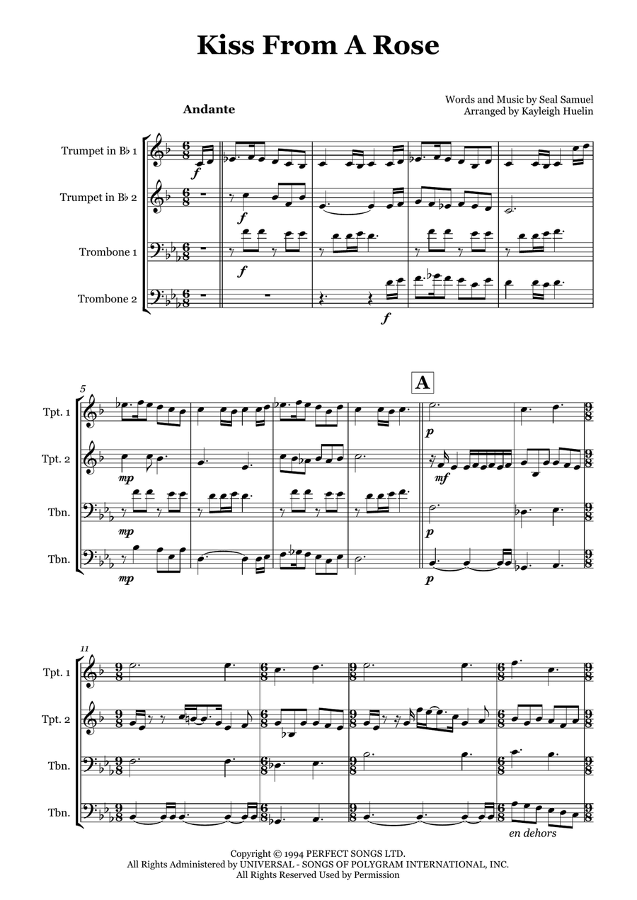 Kiss From A Rose Kiss From A Rose Brass Quartet scores gallery preview page 1