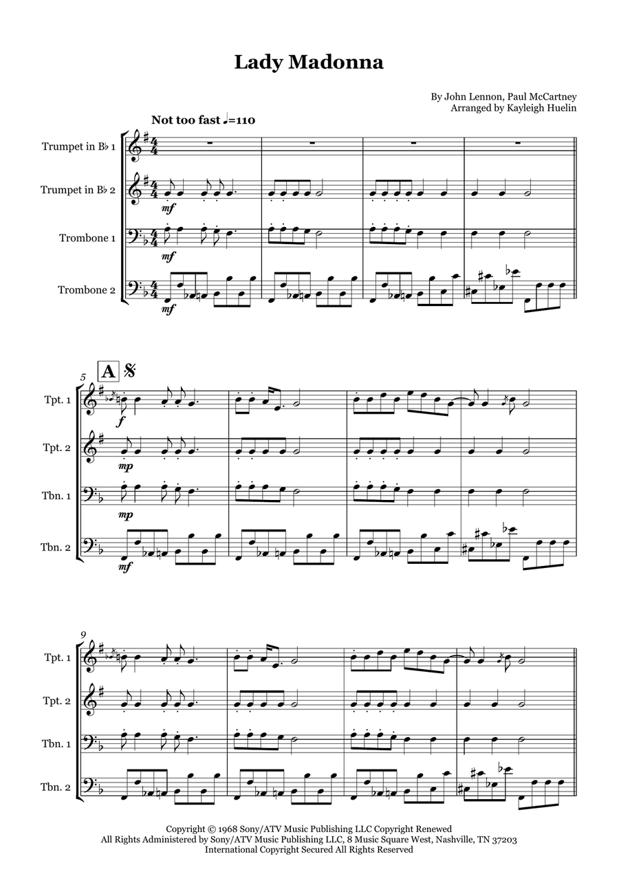 Lady Madonna Lady Madonna Brass Quartet scores gallery preview page 1