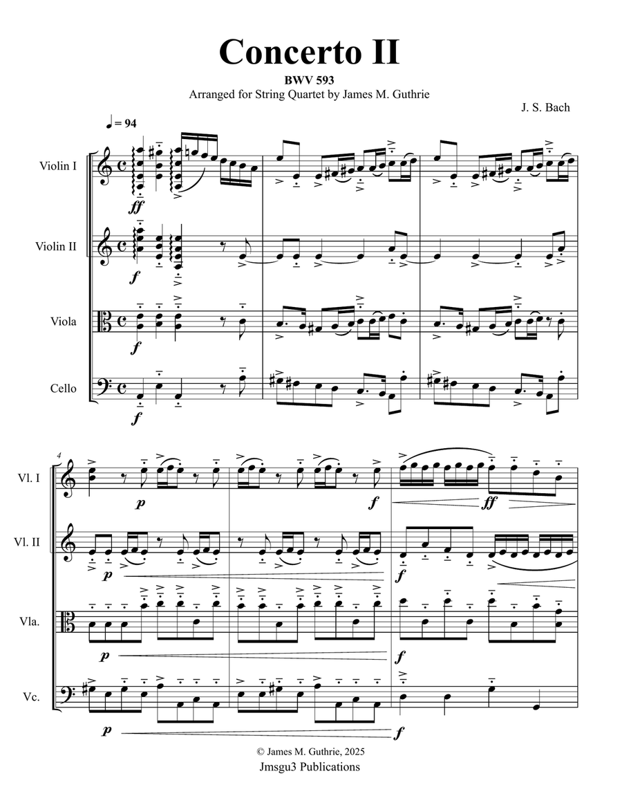 Bach: Concerto No. 2 BWV 593 for String Quartet String Quartet scores gallery preview page 1
