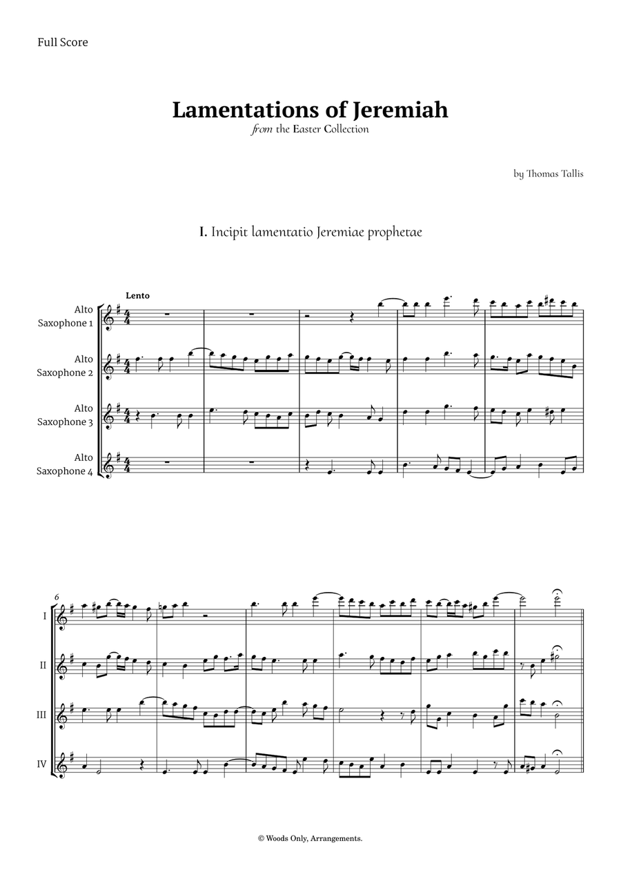 Lamentations of Jeremiah by Thomas Tallis for Alto Sax Quartet Saxophone Quartet scores gallery preview page 1