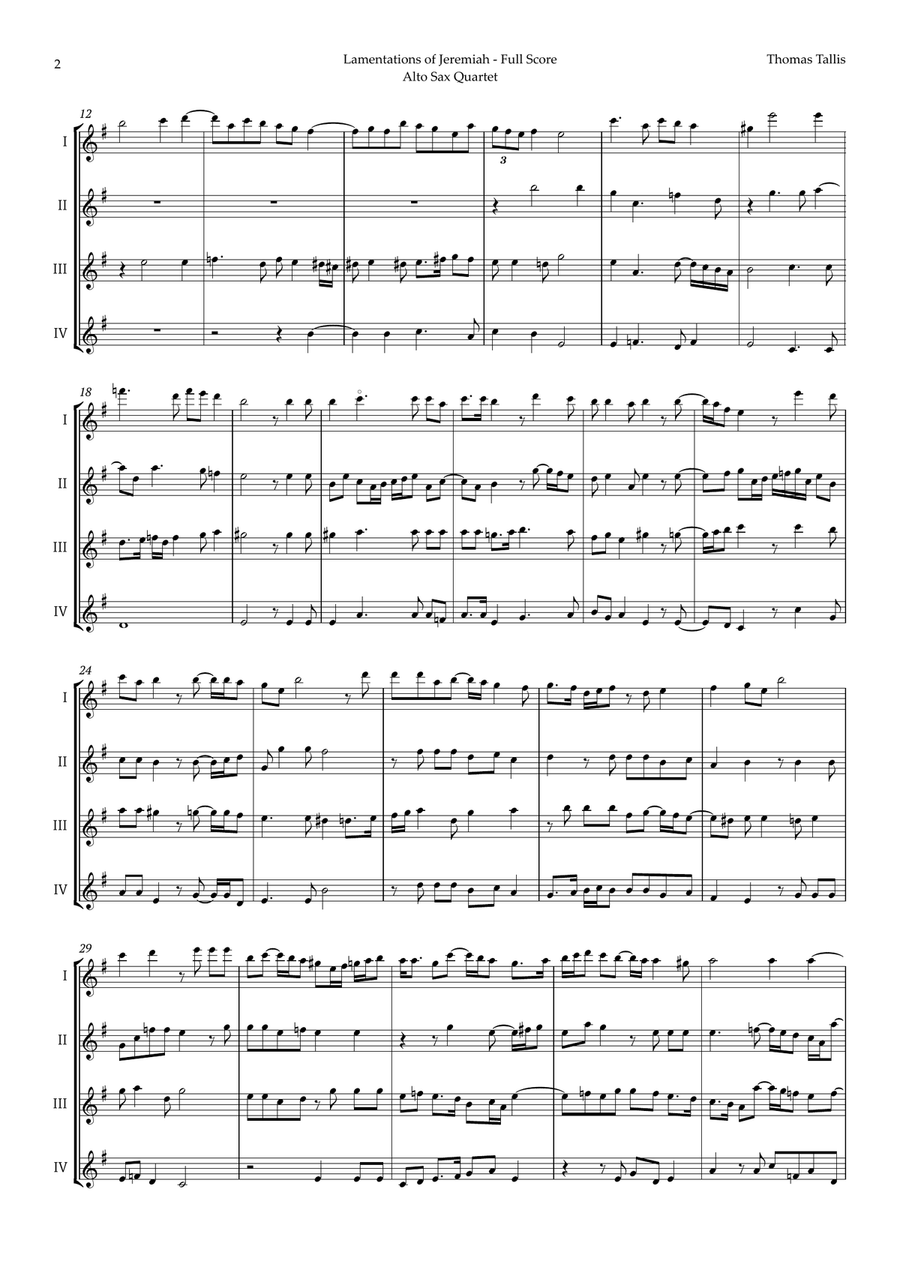 Lamentations of Jeremiah by Thomas Tallis for Alto Sax Quartet Saxophone Quartet scores gallery preview page 2