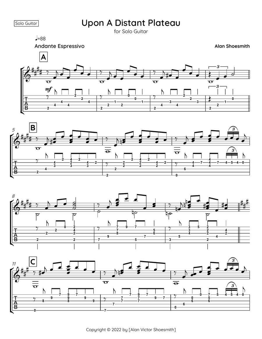 Upon A Distant Plateau-solo guitar (standard notation and guitar tablature & standard notation only) Acoustic Guitar scores gallery preview page 1