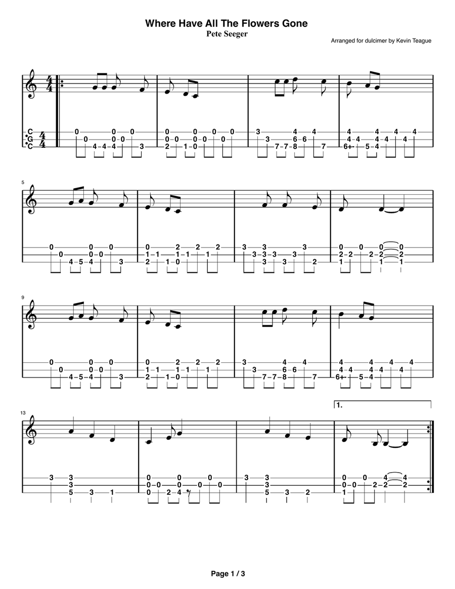 Where Have All The Flowers Gone? Dulcimer scores gallery preview page 2