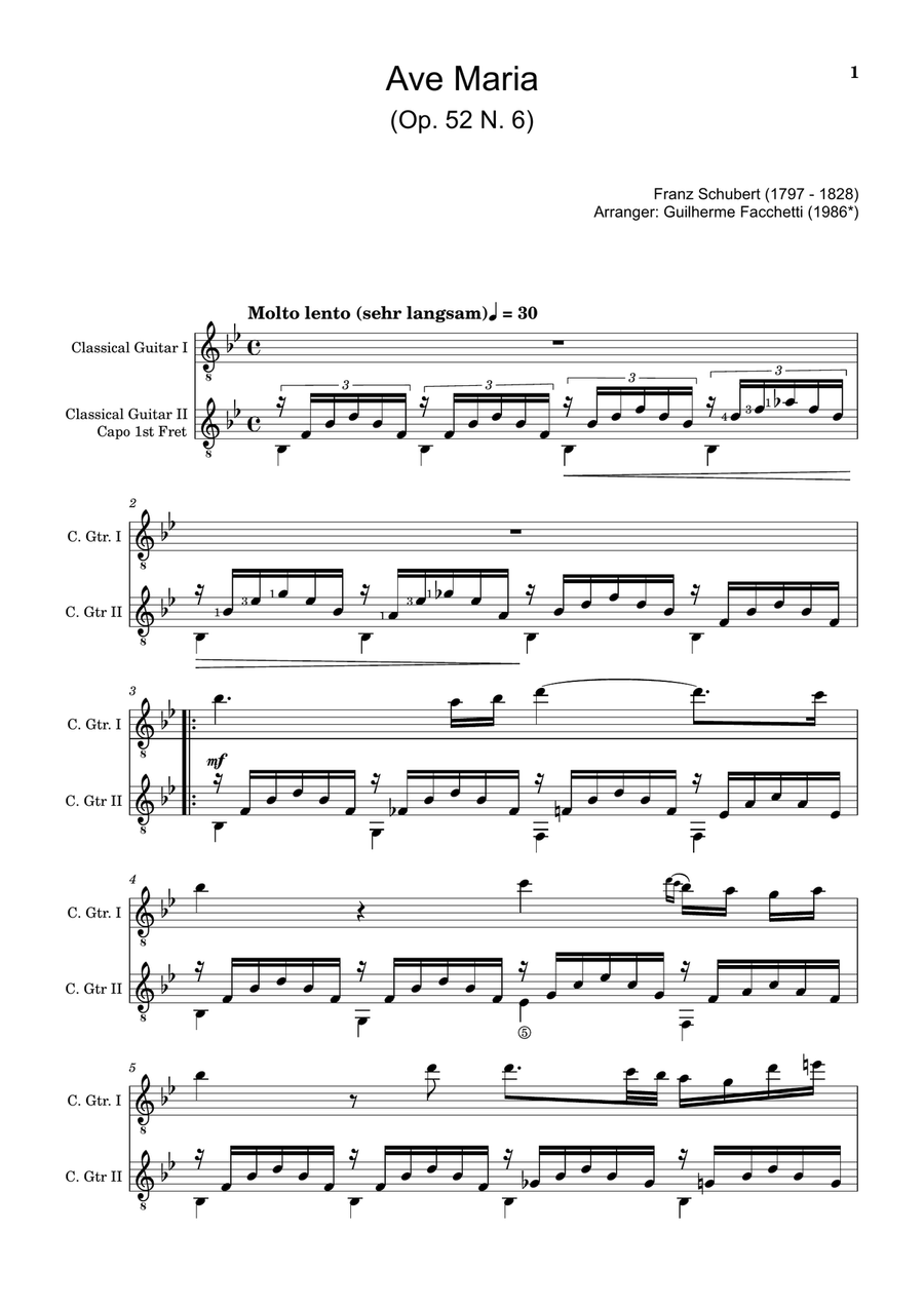 Ave Maria by F. Schubert – Classical Guitar Duet. Chamber Music scores gallery preview page 1