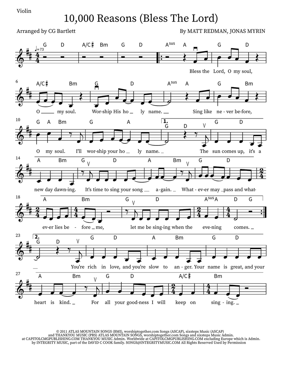 10,000 Reasons (Bless The Lord) Violin scores gallery preview page 1
