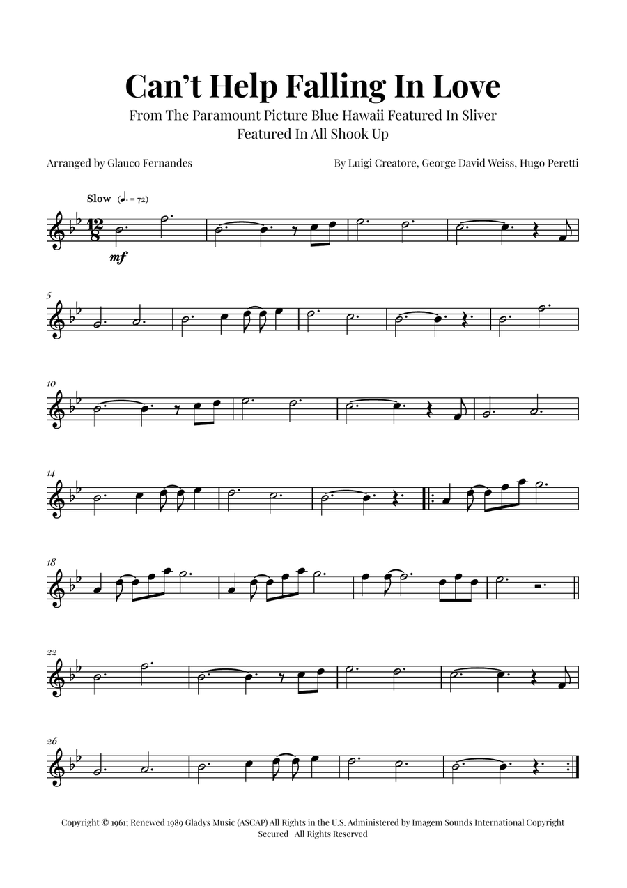Can't Help Falling In Love B-Flat Trumpet scores gallery preview page 1