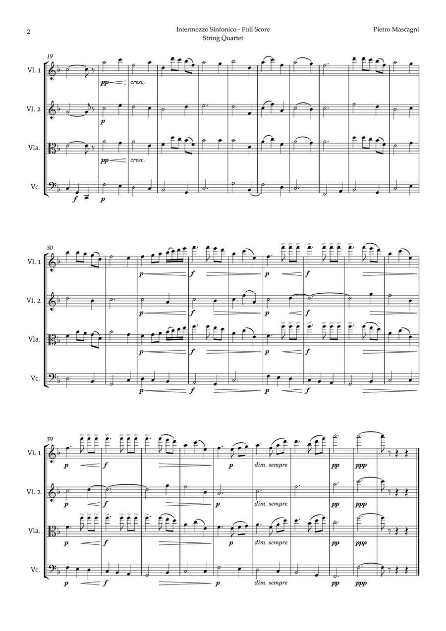 Intermezzo Sinfonico by Pietro Mascagni for String Quartet String Quartet scores gallery preview page 2