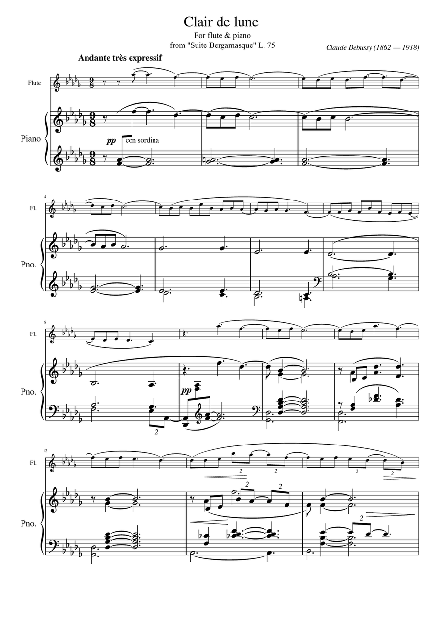 Claude Debussy - Suite Bergamasque, L.75: III. Clair de lune (Arr. for Flute & Piano) Original Flute Solo scores gallery preview page 1