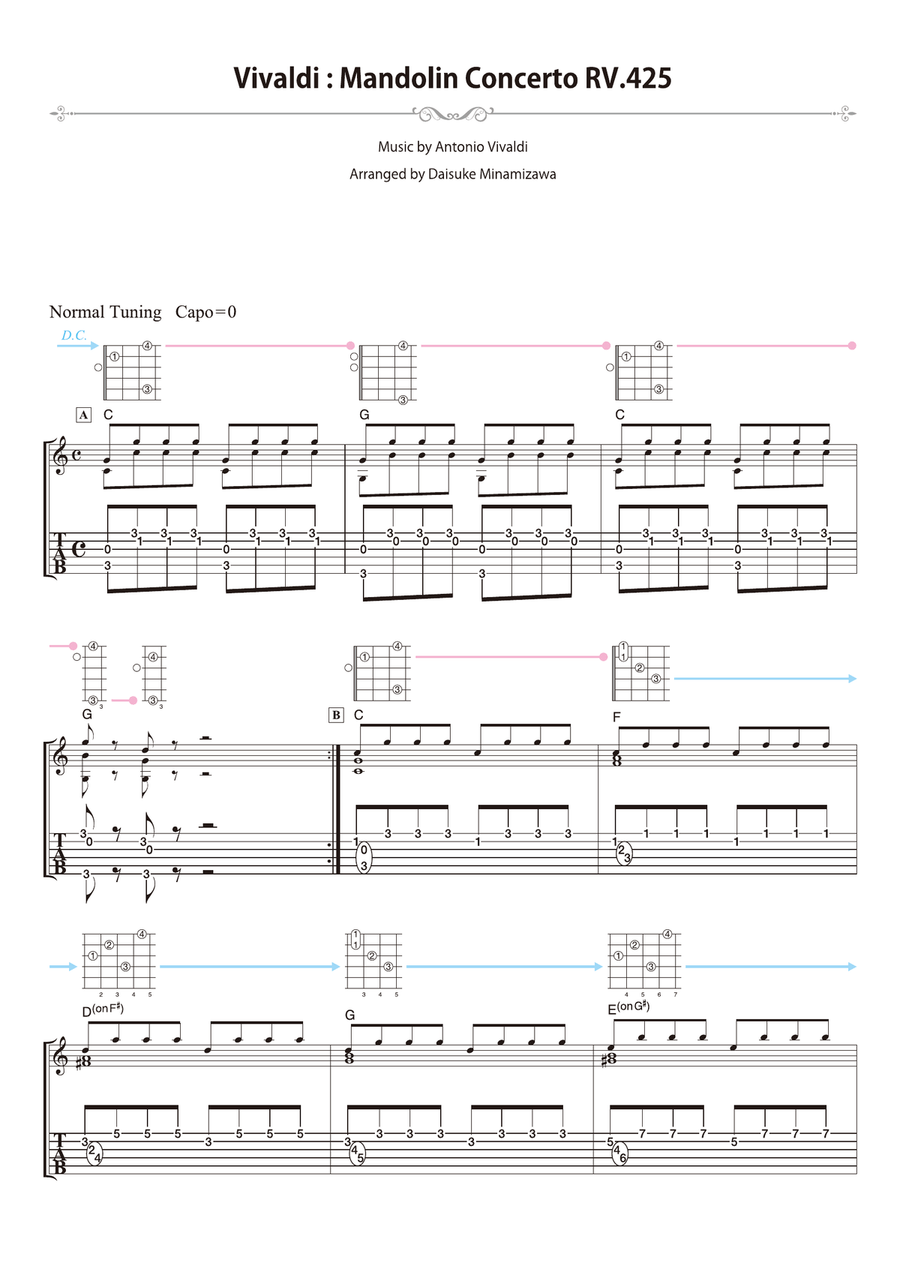 Vivaldi : Mandolin Concerto RV.425 [for solo acoustic guitar] Acoustic Guitar scores gallery preview page 1