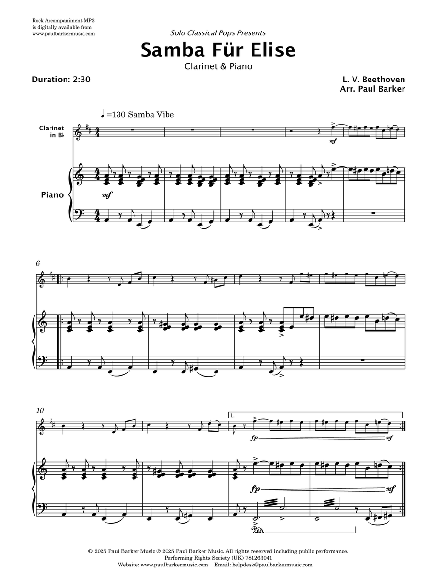 Samba Fur Elise (Clarinet & Piano) B-Flat Clarinet scores gallery preview page 2