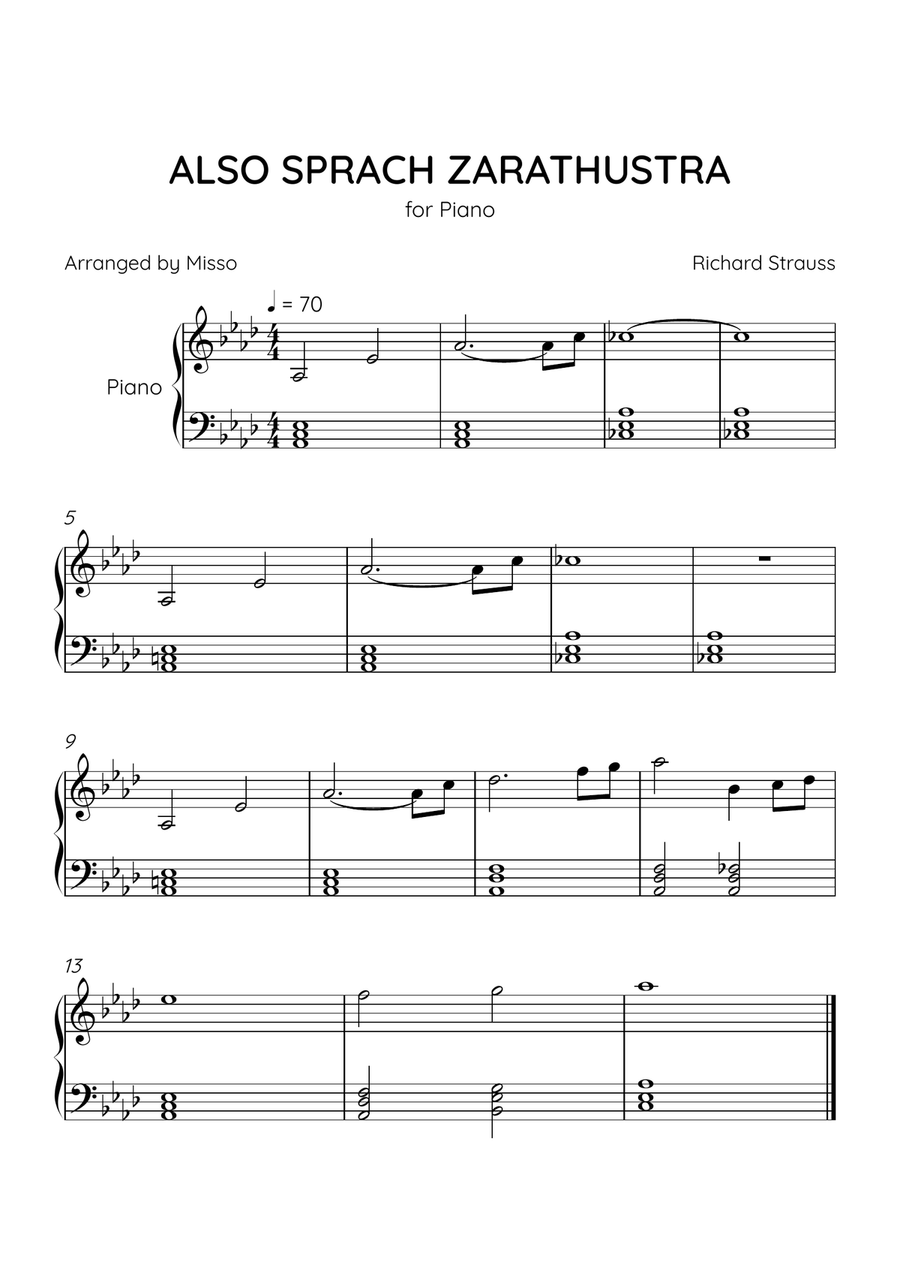 Also Sprach Zarathustra - Piano Solo in Ab Major - Beginner Level - Sheet Music Easy Piano scores gallery preview page 1