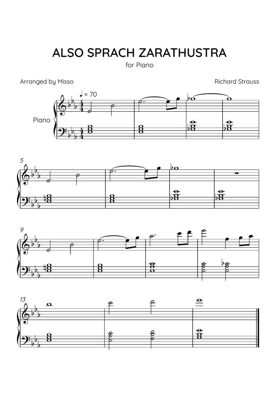 Also Sprach Zarathustra - Piano Solo in Eb Major - Beginner Level - Sheet Music Easy Piano scores gallery preview page 1