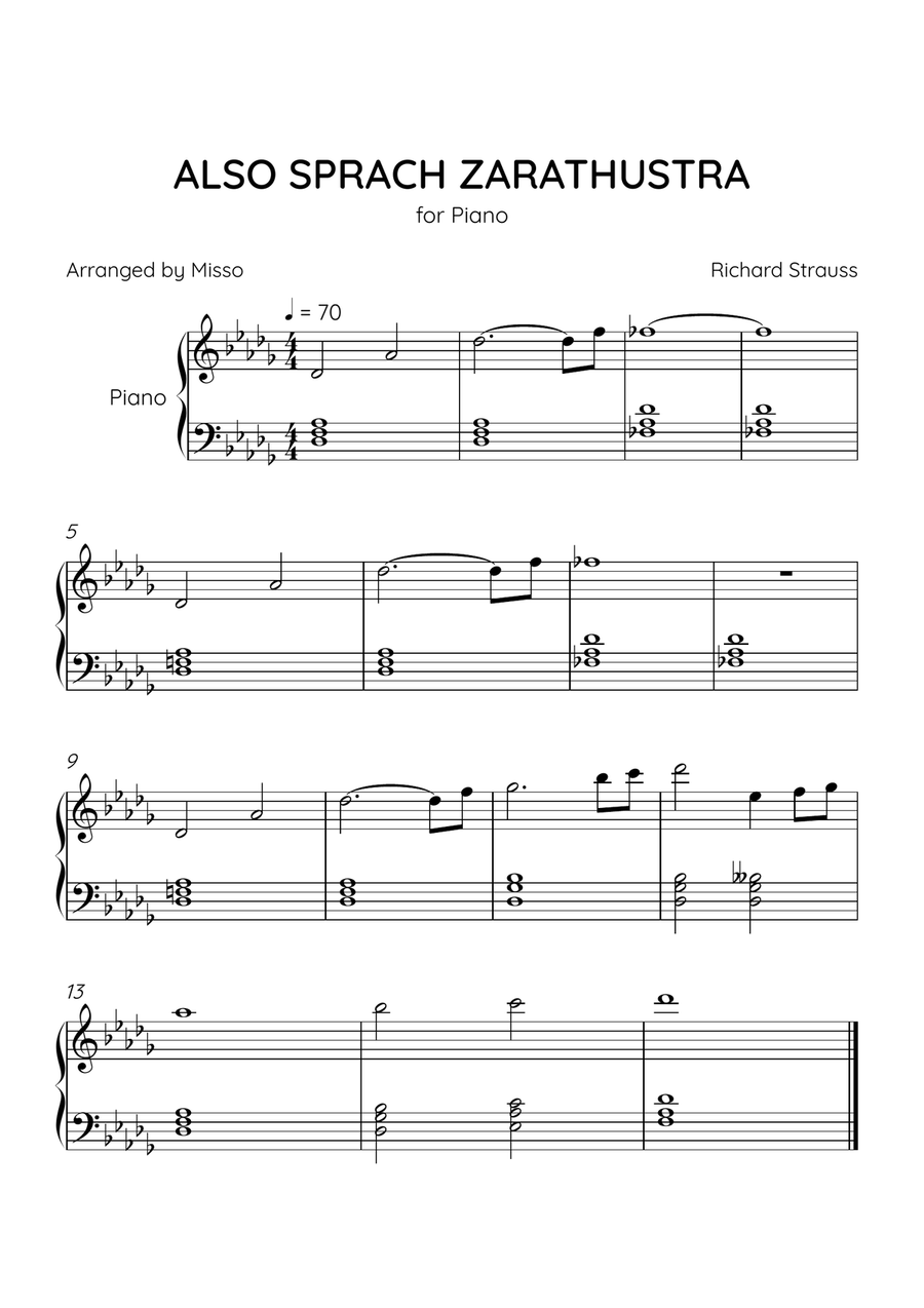 Also Sprach Zarathustra - Piano Solo in Db Major - Beginner Level - Sheet Music Easy Piano scores gallery preview page 1