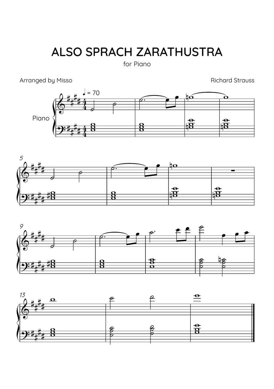 Also Sprach Zarathustra- Piano Solo in Db Major - Beginner Level - Sheet Music Easy Piano scores gallery preview page 1