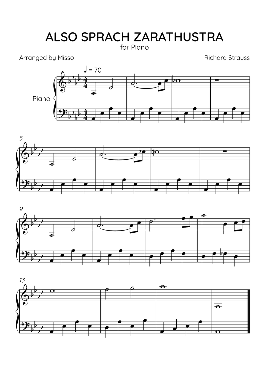 Also Sprach Zarathustra - Piano Solo in AB Major - Easy Level - Sheet Music Easy Piano scores gallery preview page 1