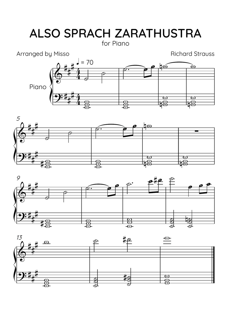 Also Sprach Zarathustra - Piano Solo in A Major - Letter Names Level - Sheet Music Easy Piano scores gallery preview page 1