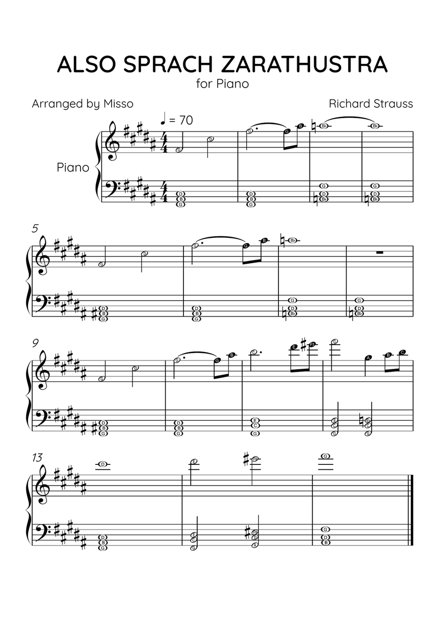 Also Sprach Zarathustra - Piano Solo in B Major - Letter Names Level - Sheet Music Easy Piano scores gallery preview page 1