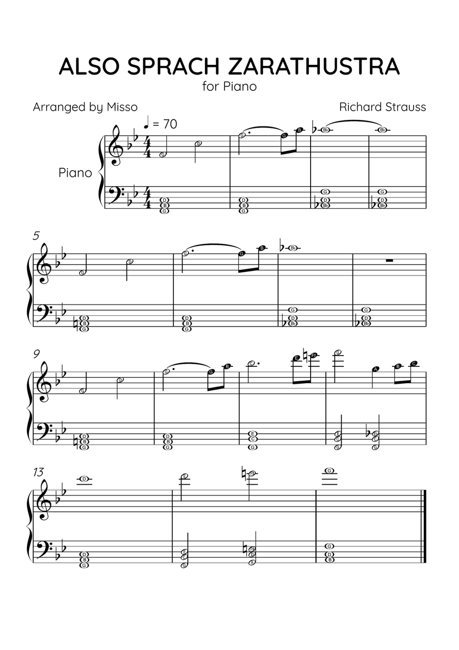 Also Sprach Zarathustra - Piano Solo in Bb Major - Letter Names Level - Sheet Music Easy Piano scores gallery preview page 1
