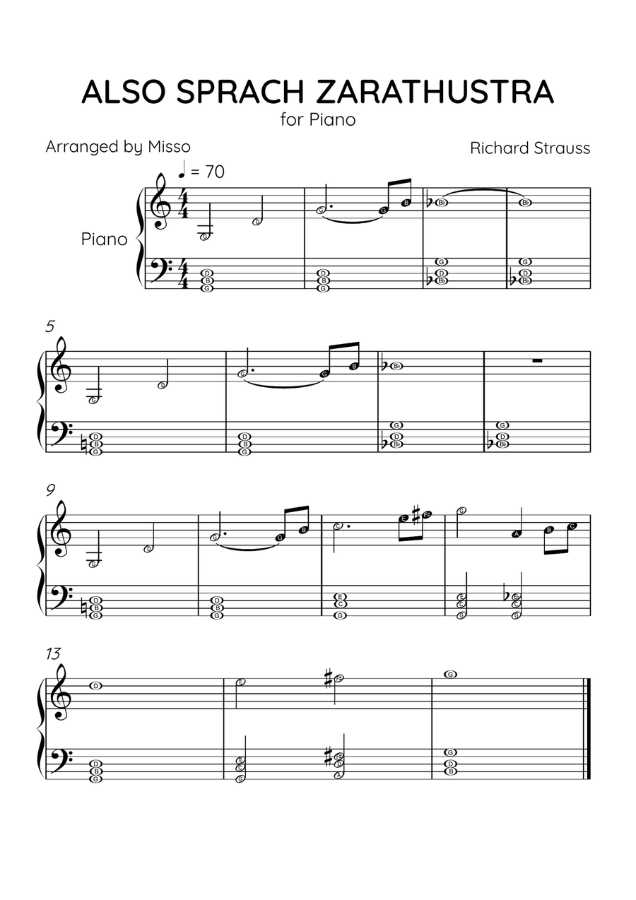 Also Sprach Zarathustra - Piano Solo in C Major - Letter Names Level. -Sheet Music Easy Piano scores gallery preview page 1