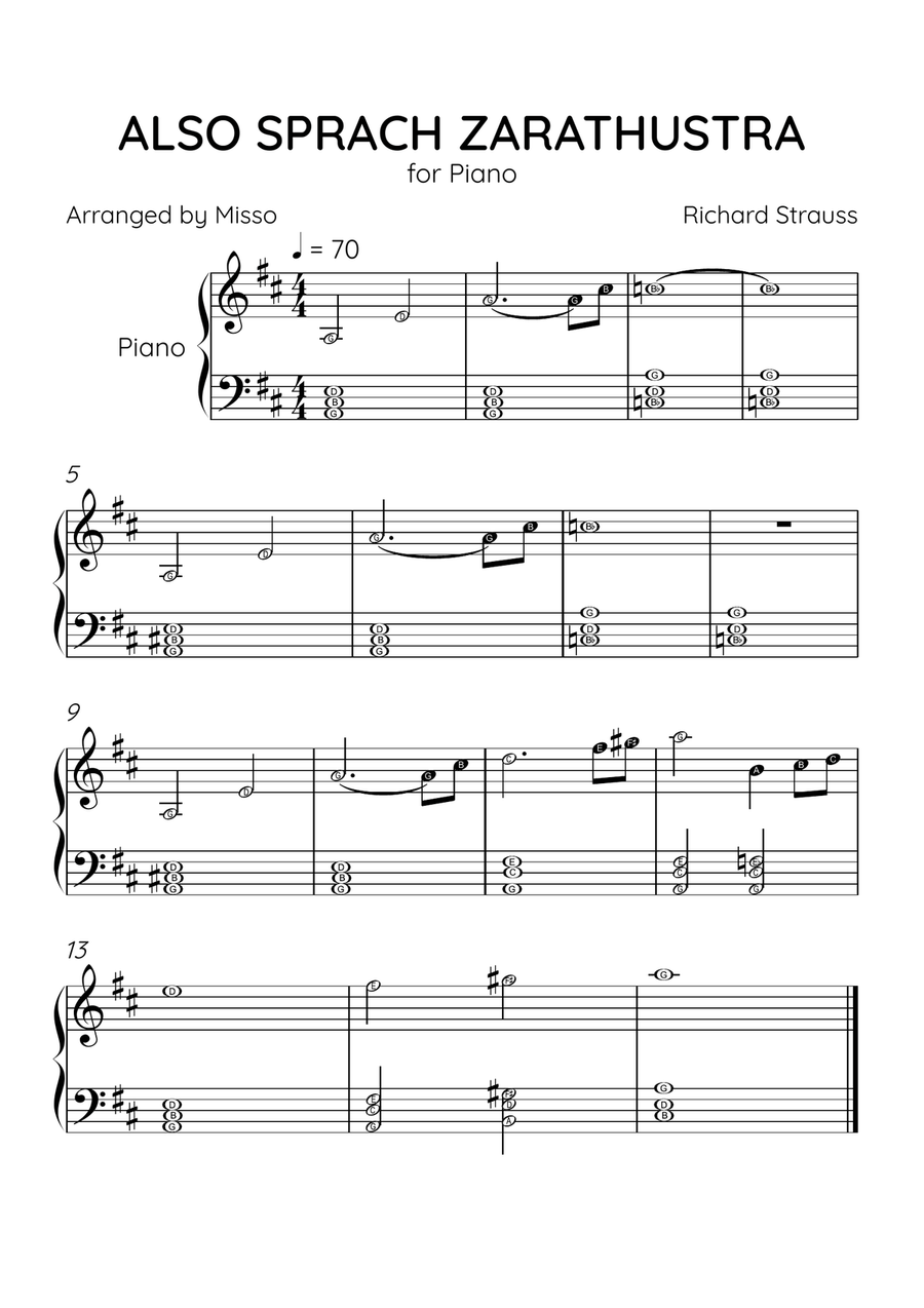 Also Sprach Zarathustra - Piano Solo in D Major - Letter Names Level - Sheet Music Easy Piano scores gallery preview page 1