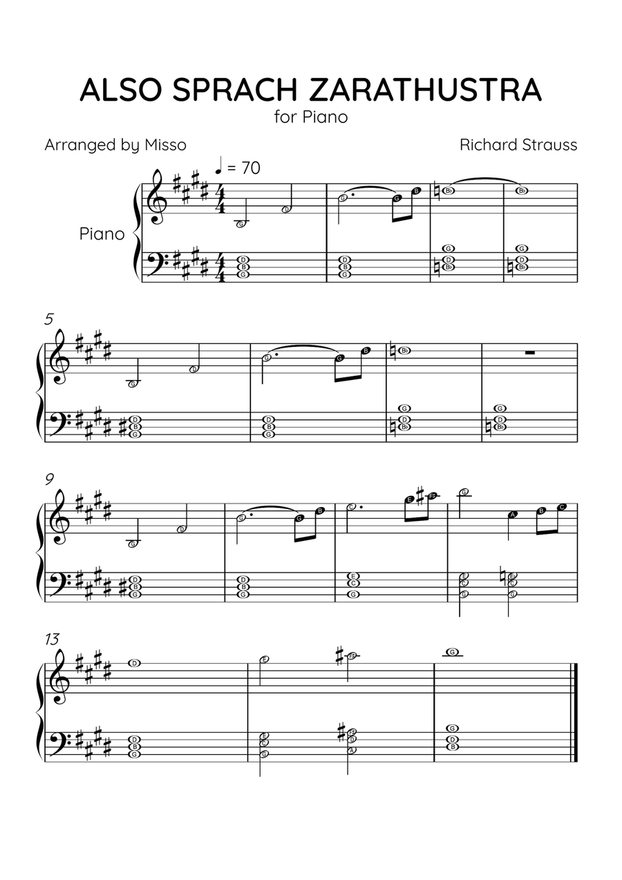 Also Sprach Zarathustra - Piano Solo in E Major - Letter Names Level - Sheet Music Easy Piano scores gallery preview page 1