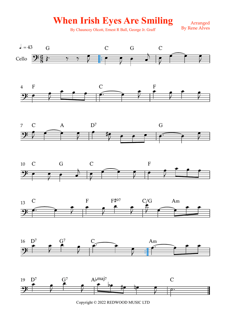 When Irish Eyes Are Smiling Cello Solo scores gallery preview page 1